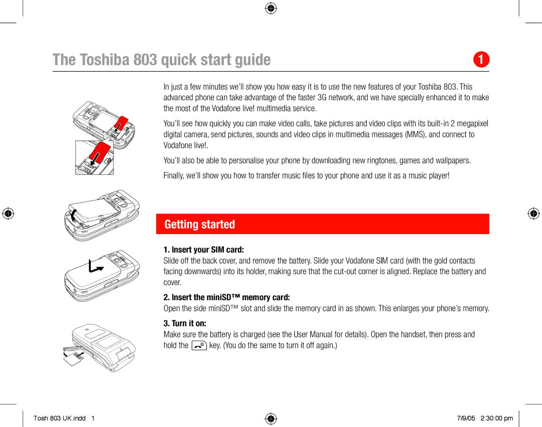 Toshiba quick start Toshiba 803 quick start guide, Getting started, Insert your SIM card, Insert the miniSD memory card 