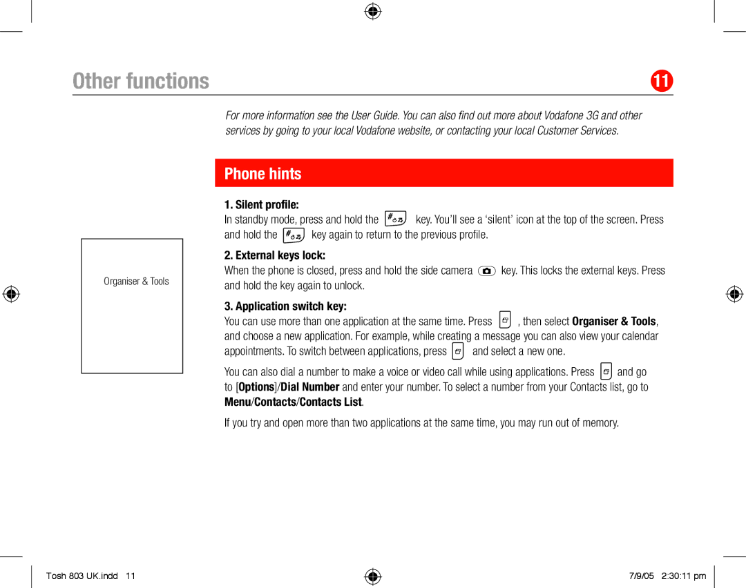 Toshiba 803 quick start Other functions, Phone hints, Silent proﬁle, External keys lock, Application switch key 