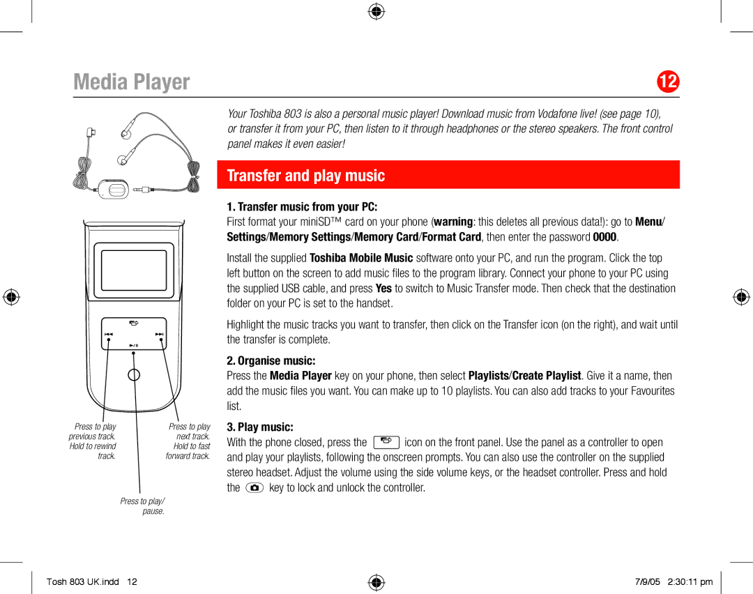 Toshiba 803 quick start Media Player, Transfer and play music, Transfer music from your PC, Organise music, Play music 