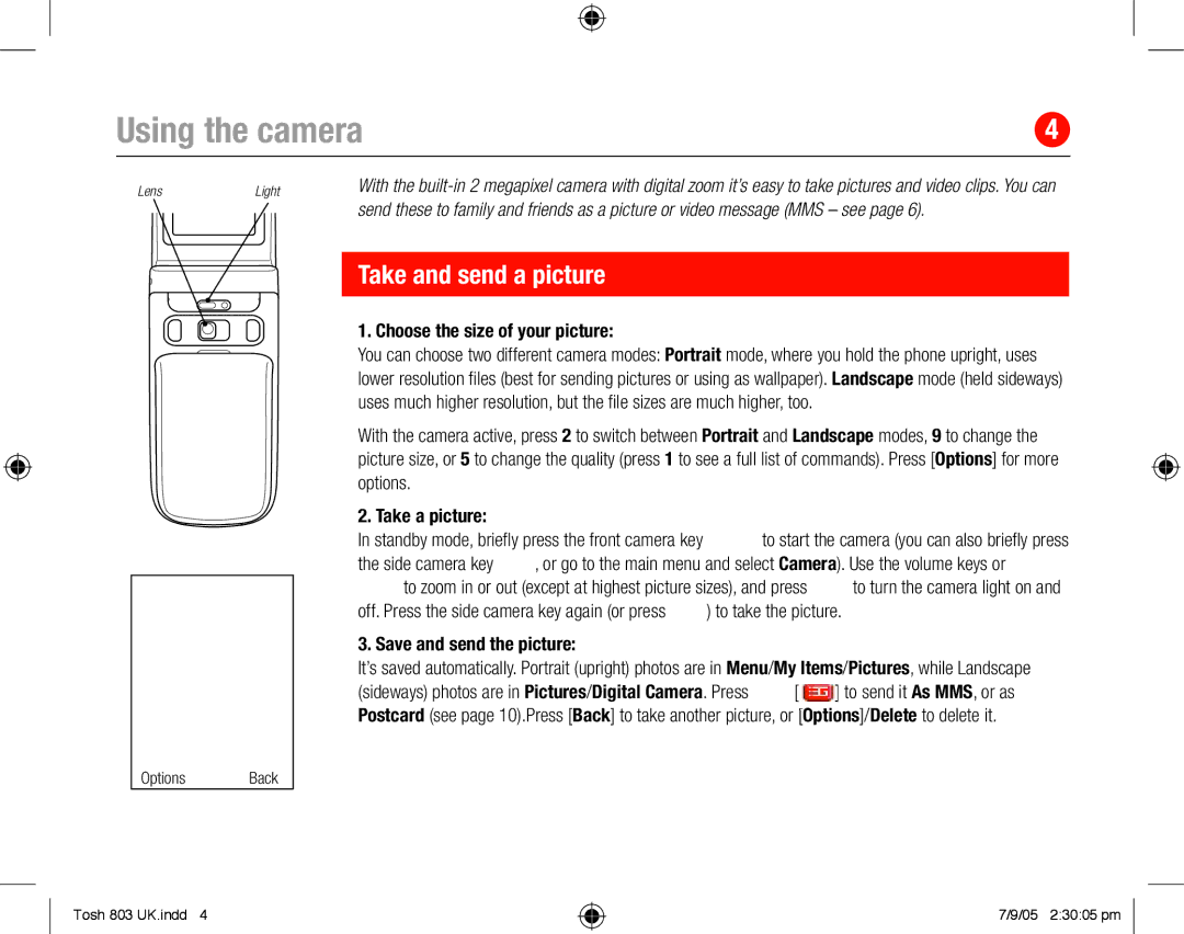 Toshiba 803 quick start Using the camera, Take and send a picture, Choose the size of your picture, Take a picture 