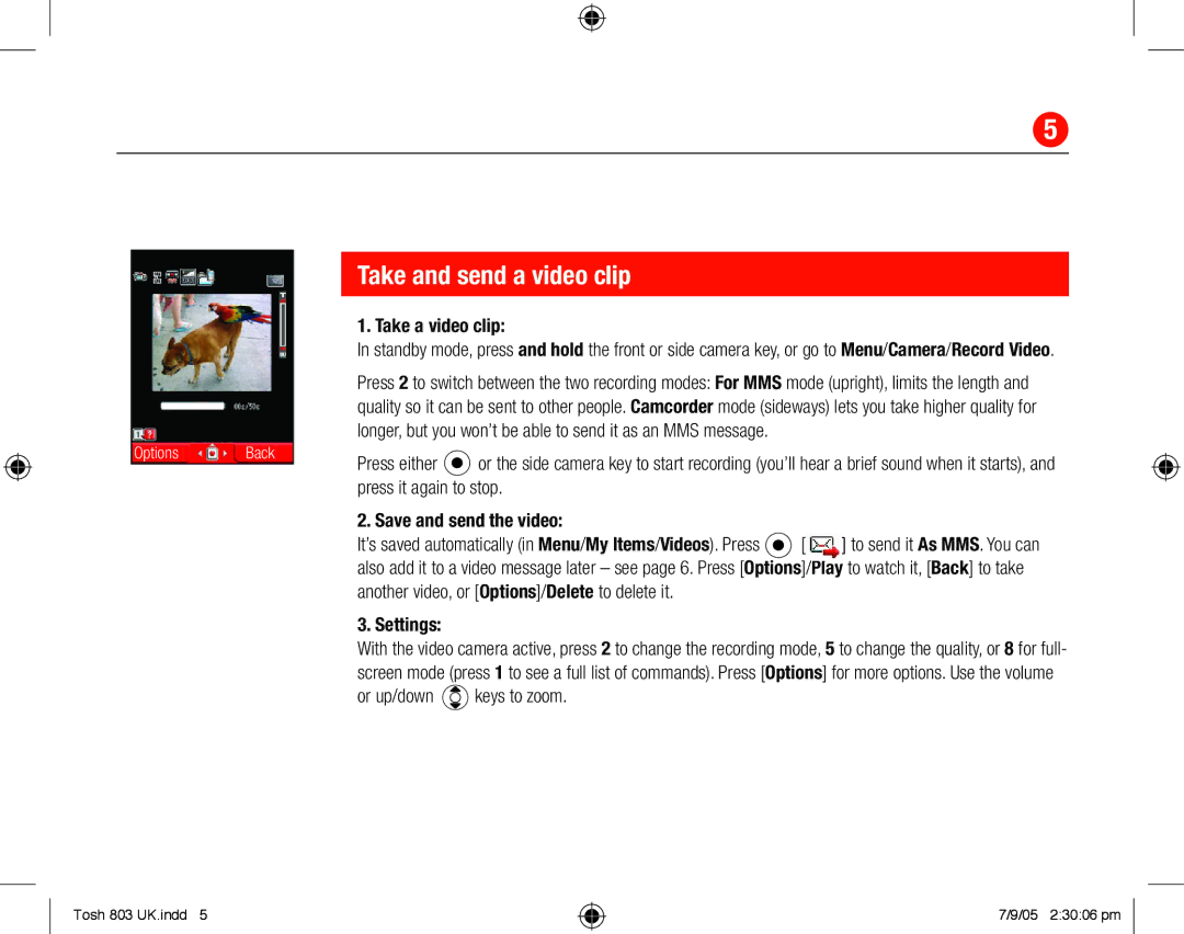 Toshiba 803 quick start Take and send a video clip, Take a video clip, Save and send the video, Settings 