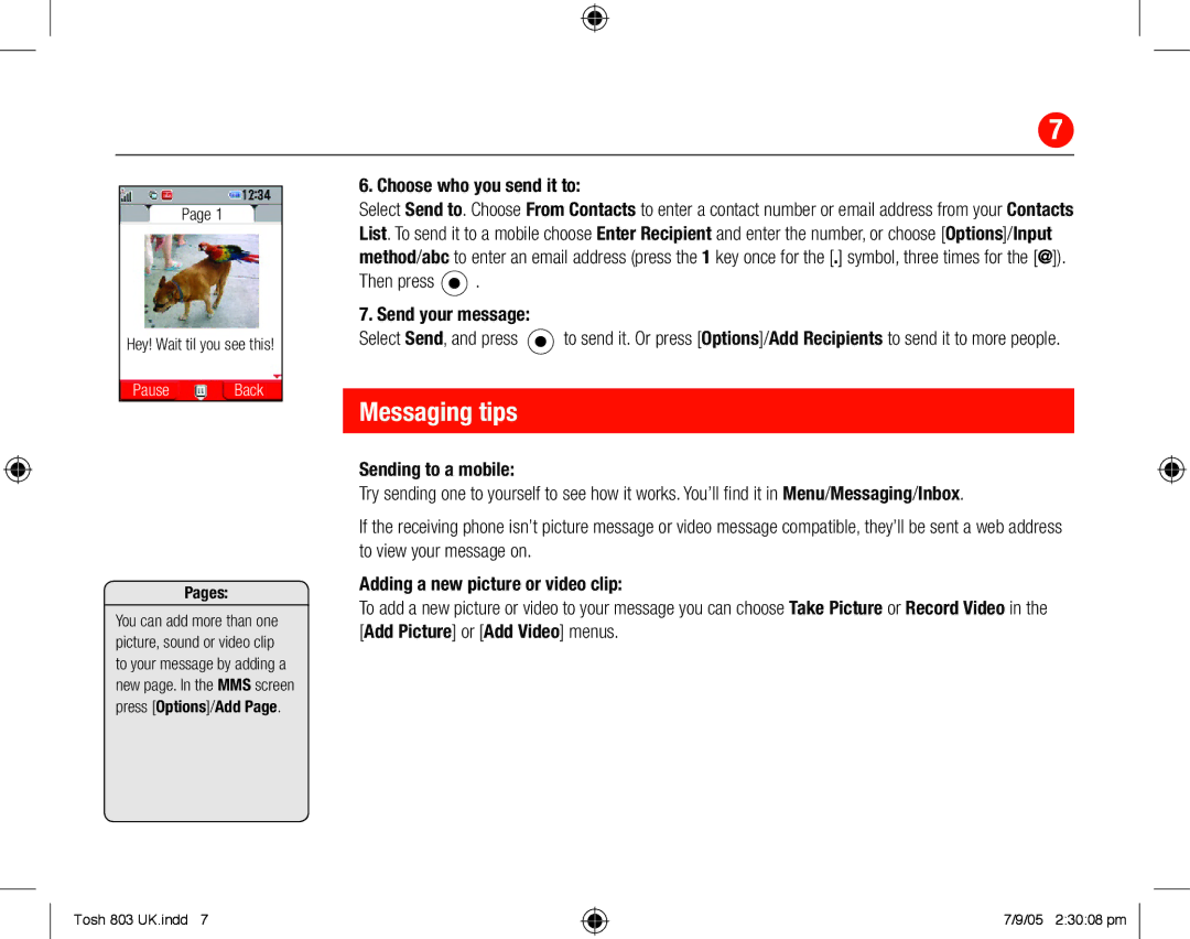 Toshiba 803 quick start Messaging tips, Choose who you send it to, Send your message, Sending to a mobile 