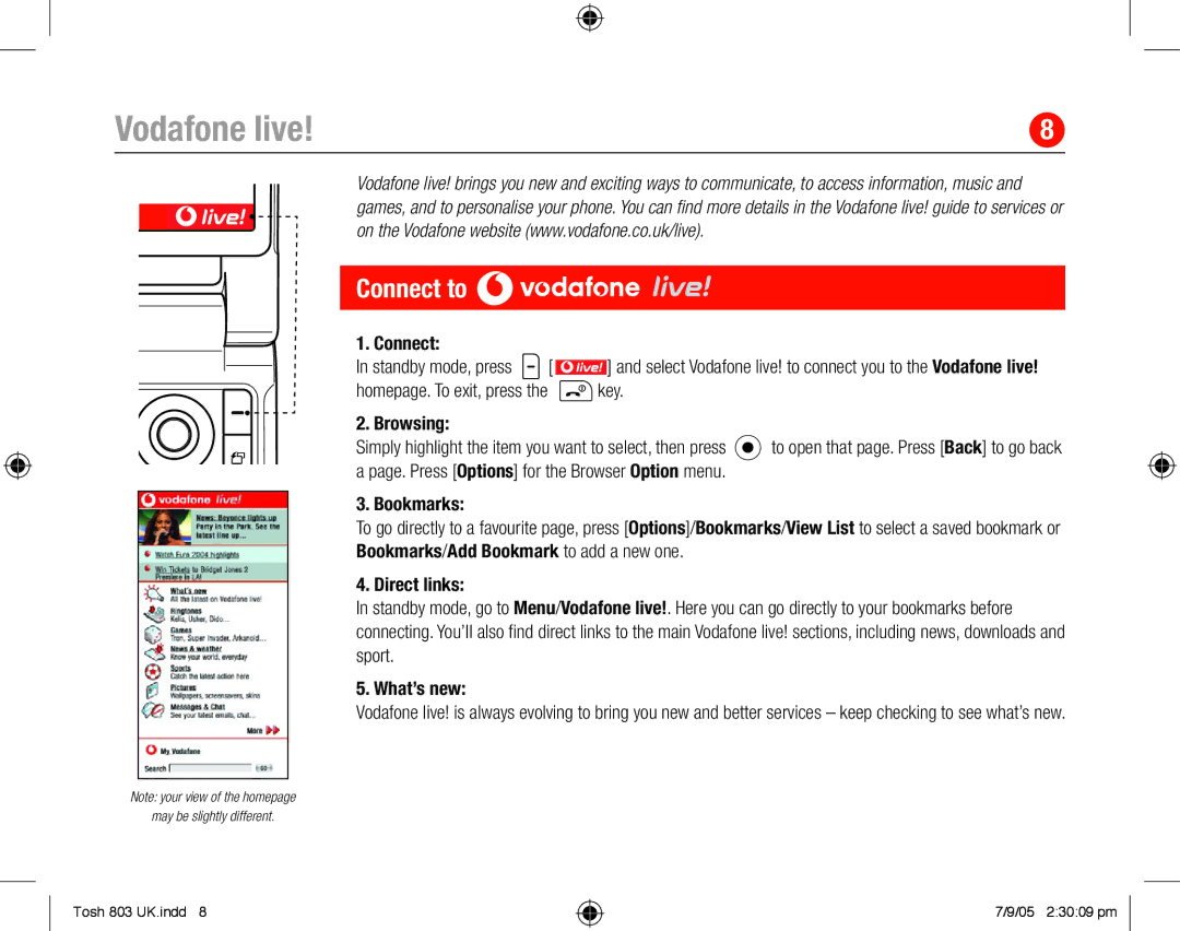 Toshiba 803 quick start Vodafone live, Connect to 