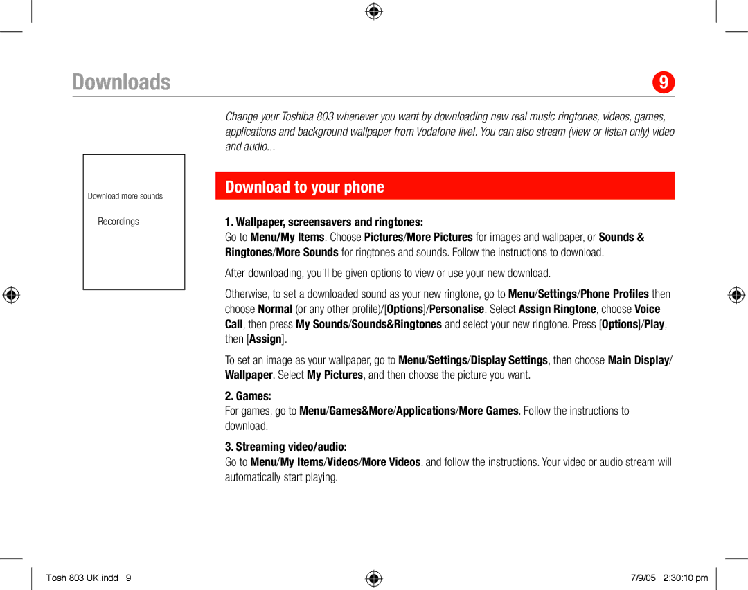 Toshiba 803 quick start Downloads, Download to your phone, Wallpaper, screensavers and ringtones 