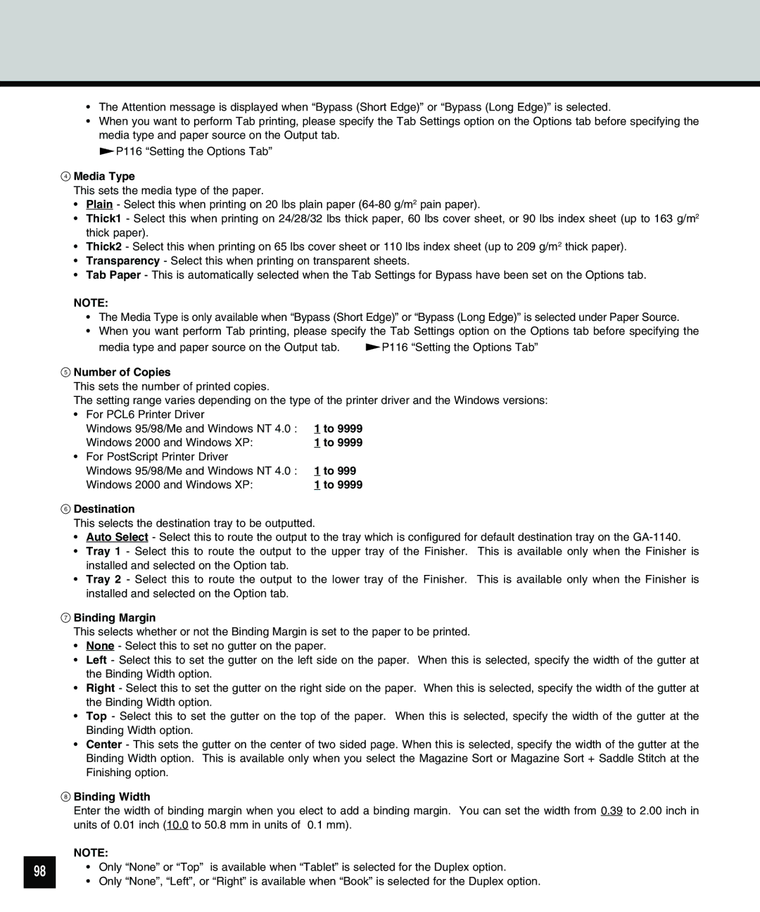 Toshiba 810 manual Media Type, Number of Copies, Destination, Binding Margin, Binding Width 