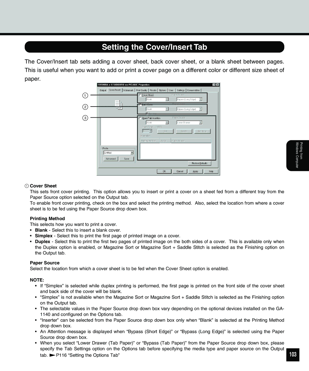 Toshiba 810 manual Setting the Cover/Insert Tab, 103, Cover Sheet, Printing Method 