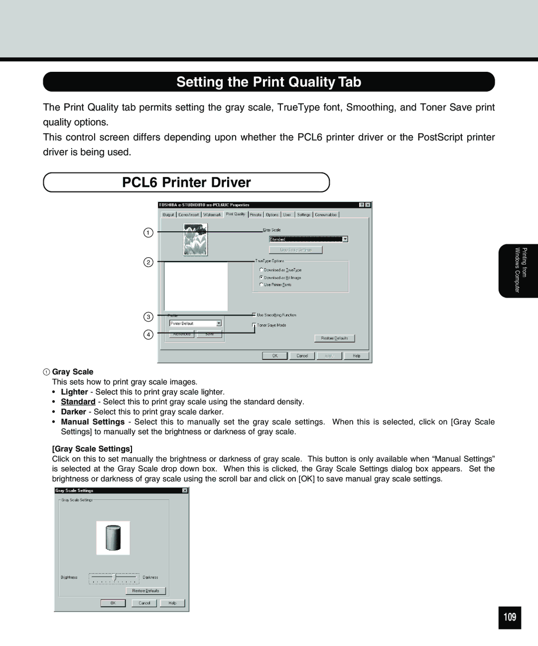 Toshiba 810 manual Setting the Print Quality Tab, PCL6 Printer Driver, 109, Gray Scale Settings 