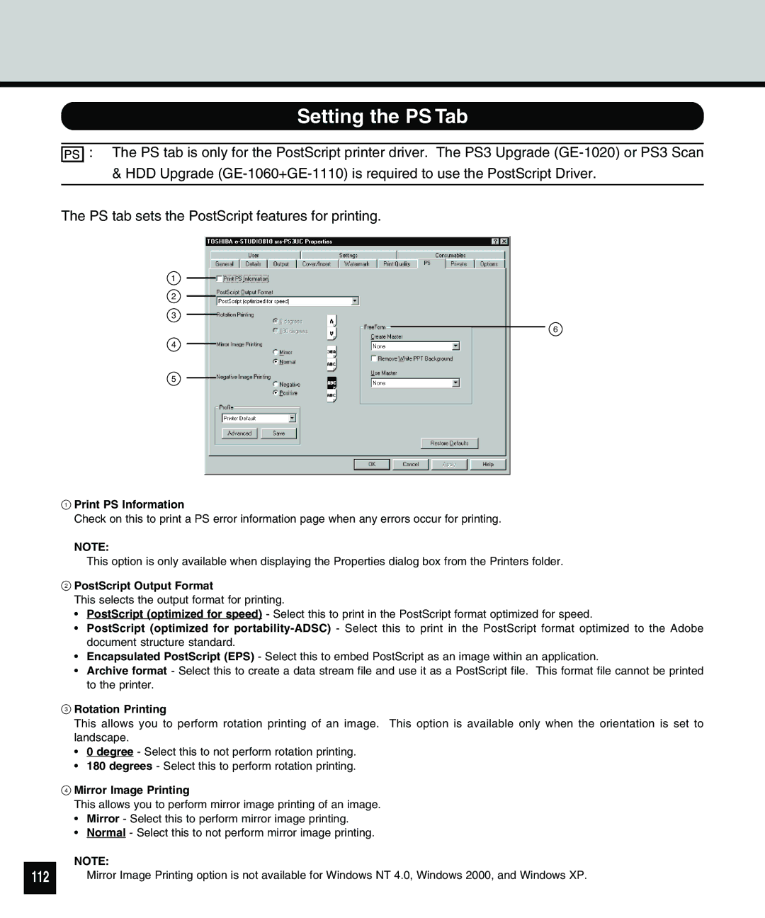 Toshiba 810 manual Setting the PS Tab, 112 