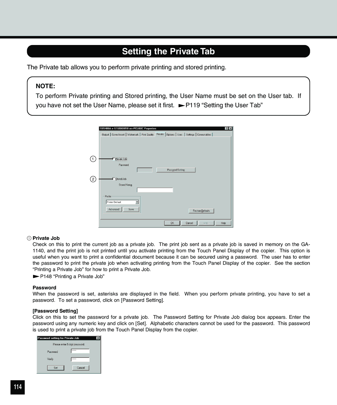 Toshiba 810 manual Setting the Private Tab, 114, Private Job, Password Setting 