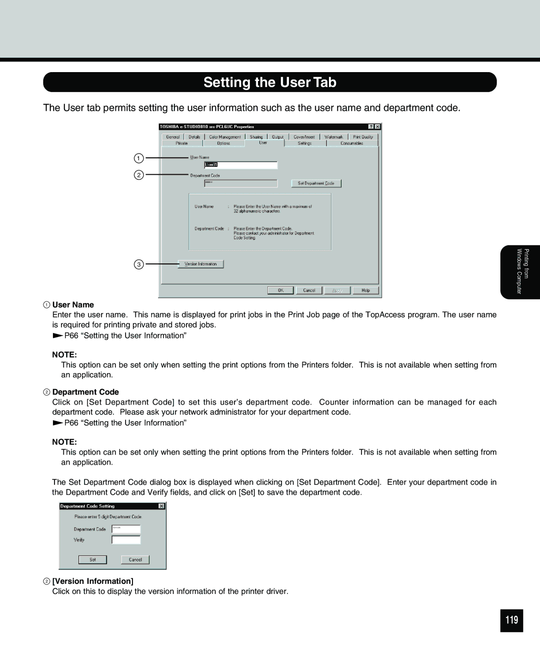 Toshiba 810 manual Setting the User Tab, 119, User Name, Department Code, Version Information 