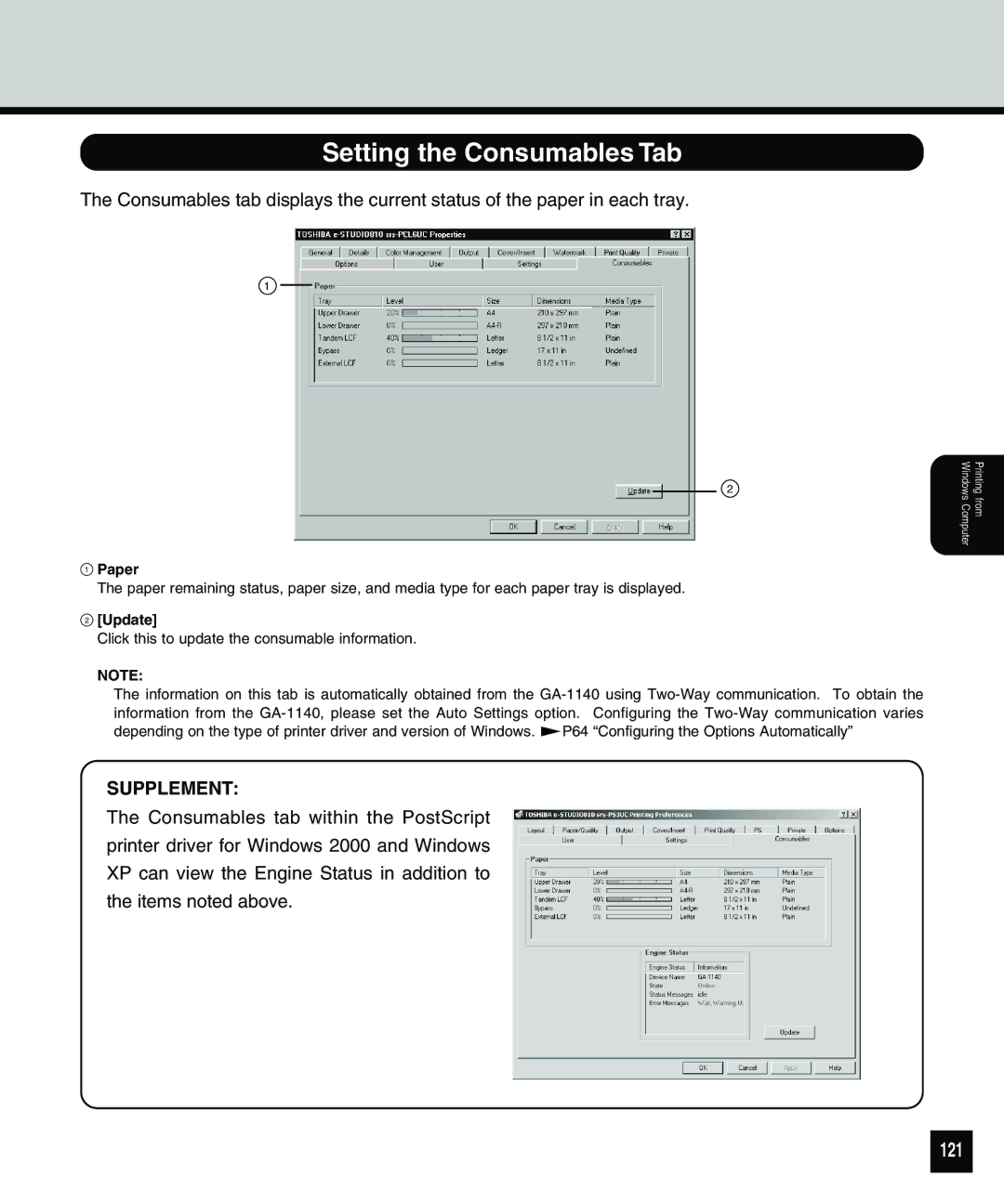 Toshiba 810 manual Setting the Consumables Tab, 121, Paper, Update 