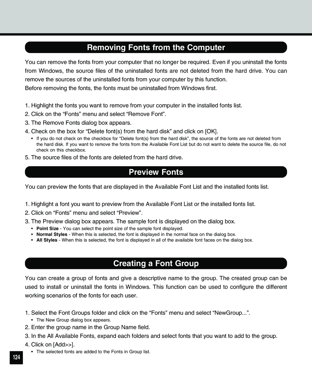 Toshiba 810 manual Removing Fonts from the Computer, Preview Fonts, Creating a Font Group, 124 