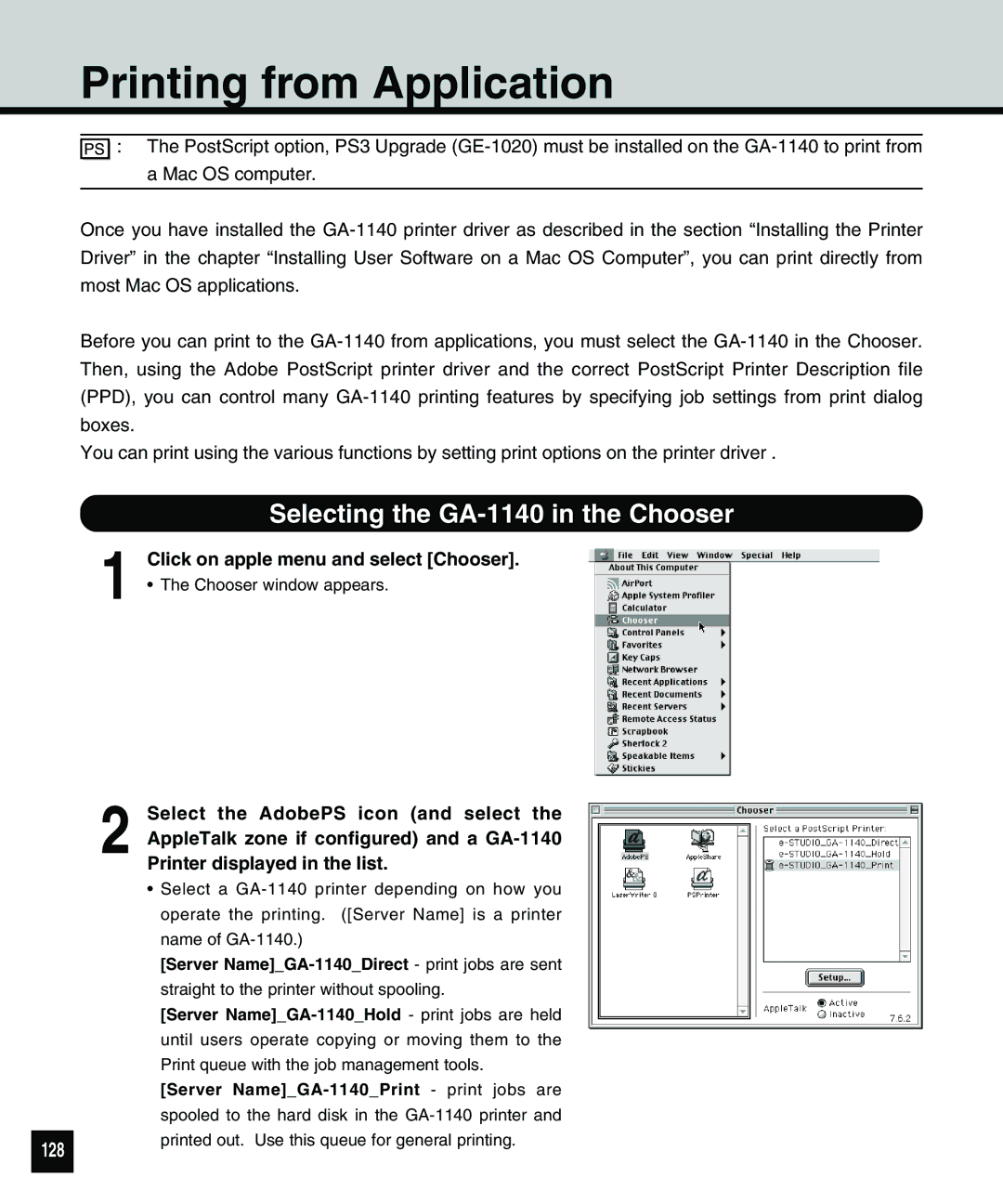 Toshiba 810 manual Selecting the GA-1140 in the Chooser, 128 