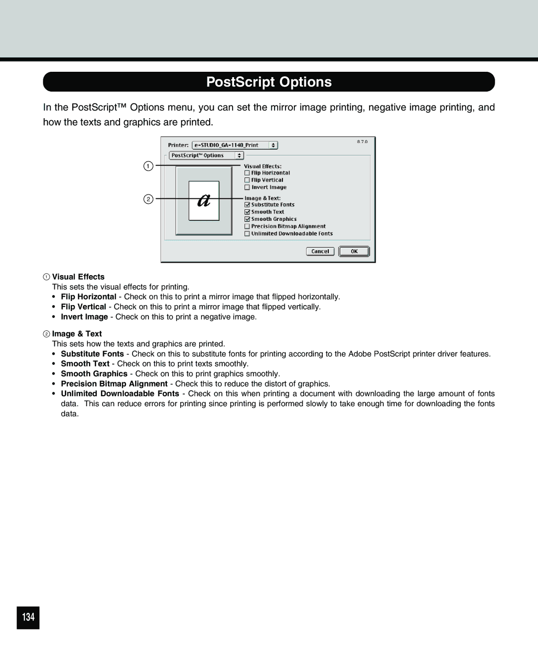 Toshiba 810 manual PostScript Options, 134, Visual Effects, Image & Text 