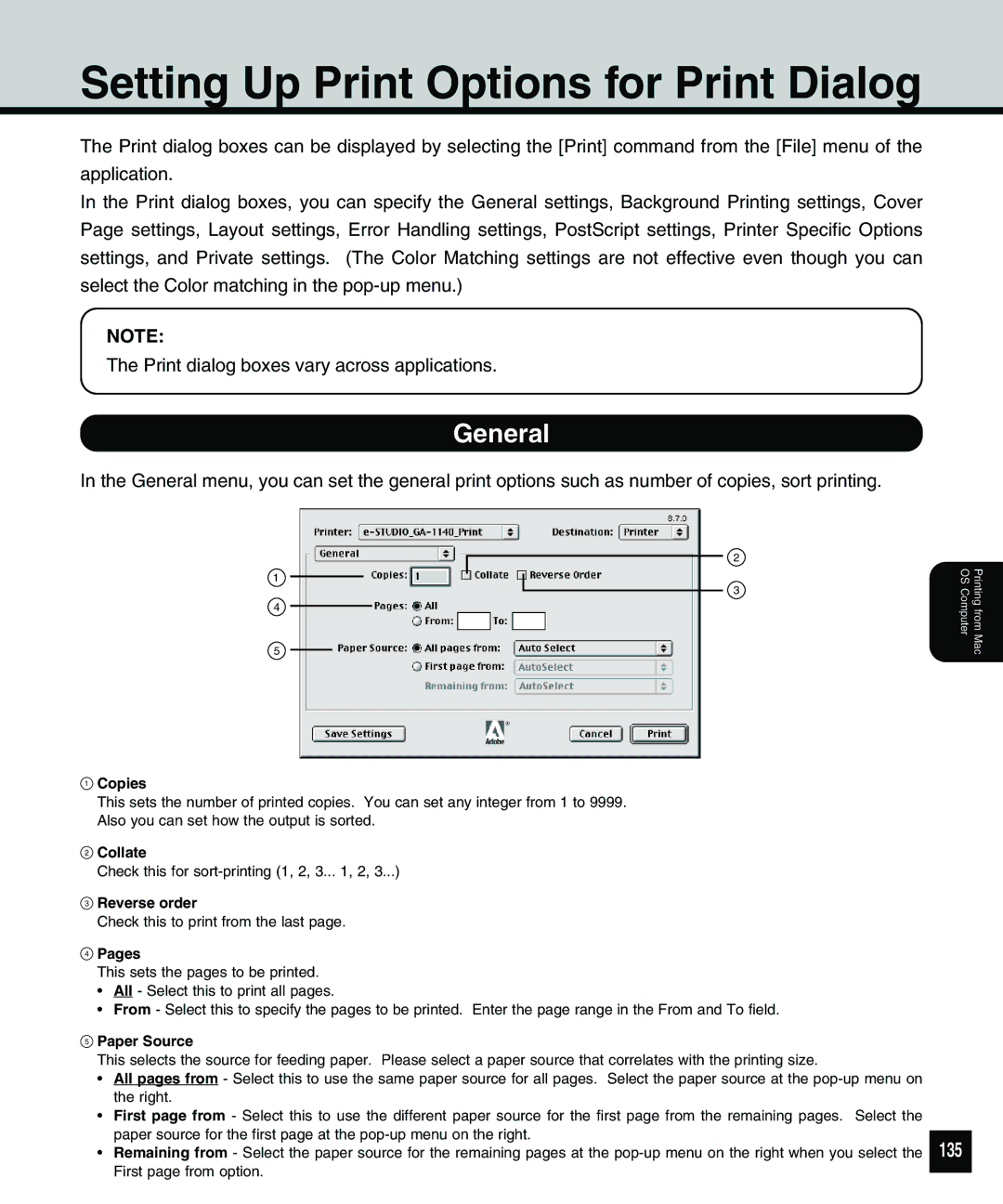 Toshiba 810 manual Setting Up Print Options for Print Dialog, General, 135 