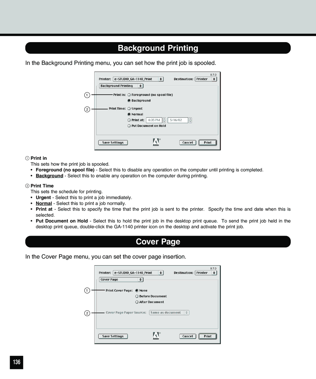 Toshiba 810 manual Background Printing, Cover, 136, Print Time 