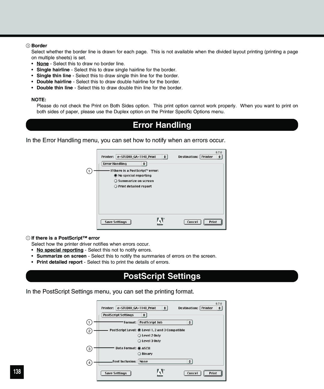 Toshiba 810 manual Error Handling, PostScript Settings, 138, Border, If there is a PostScript error 