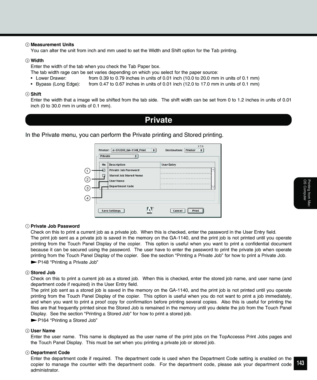 Toshiba 810 manual 143, Width, Shift, Private Job Password 