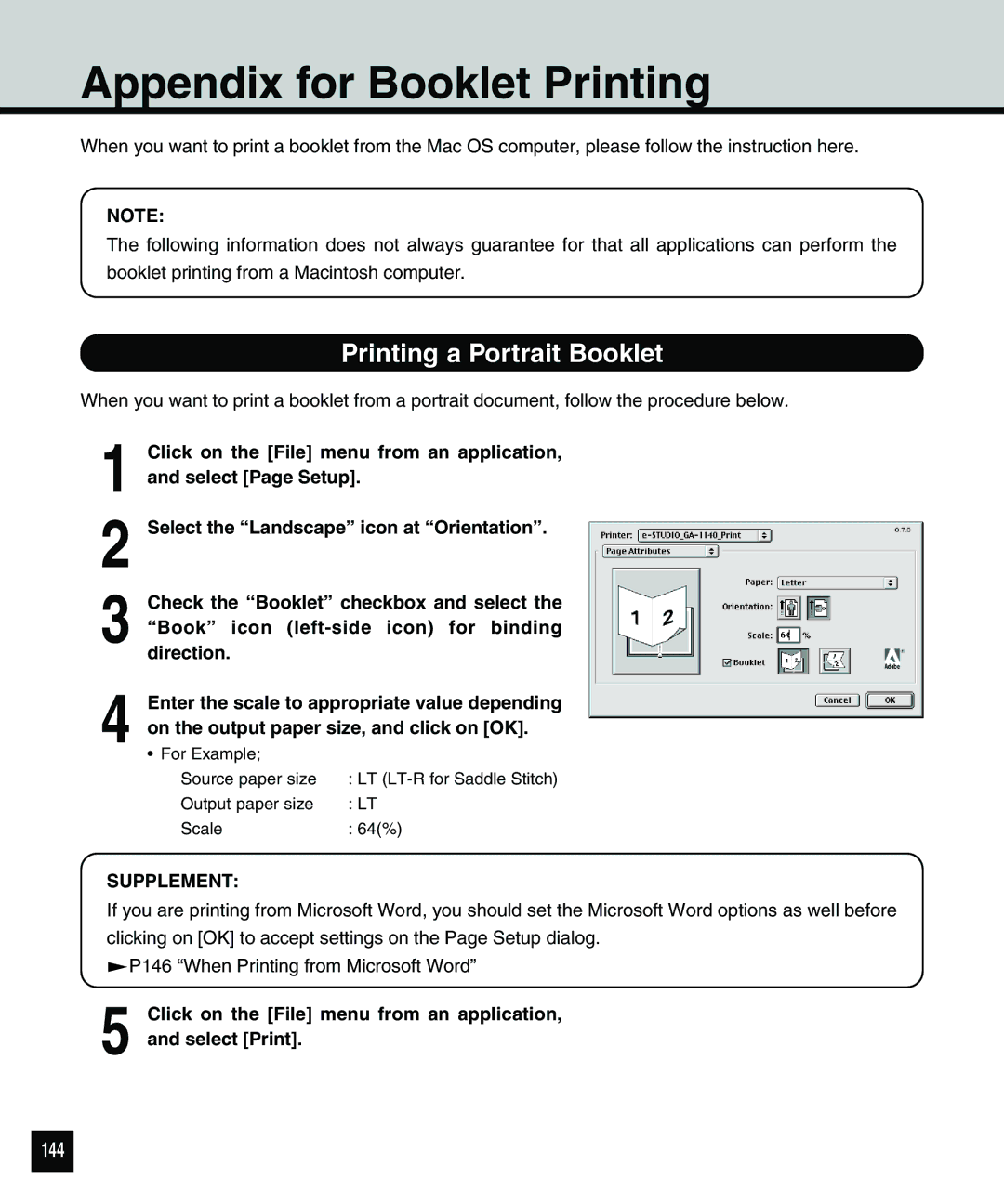 Toshiba 810 manual Appendix for Booklet Printing, Printing a Portrait Booklet, 144 