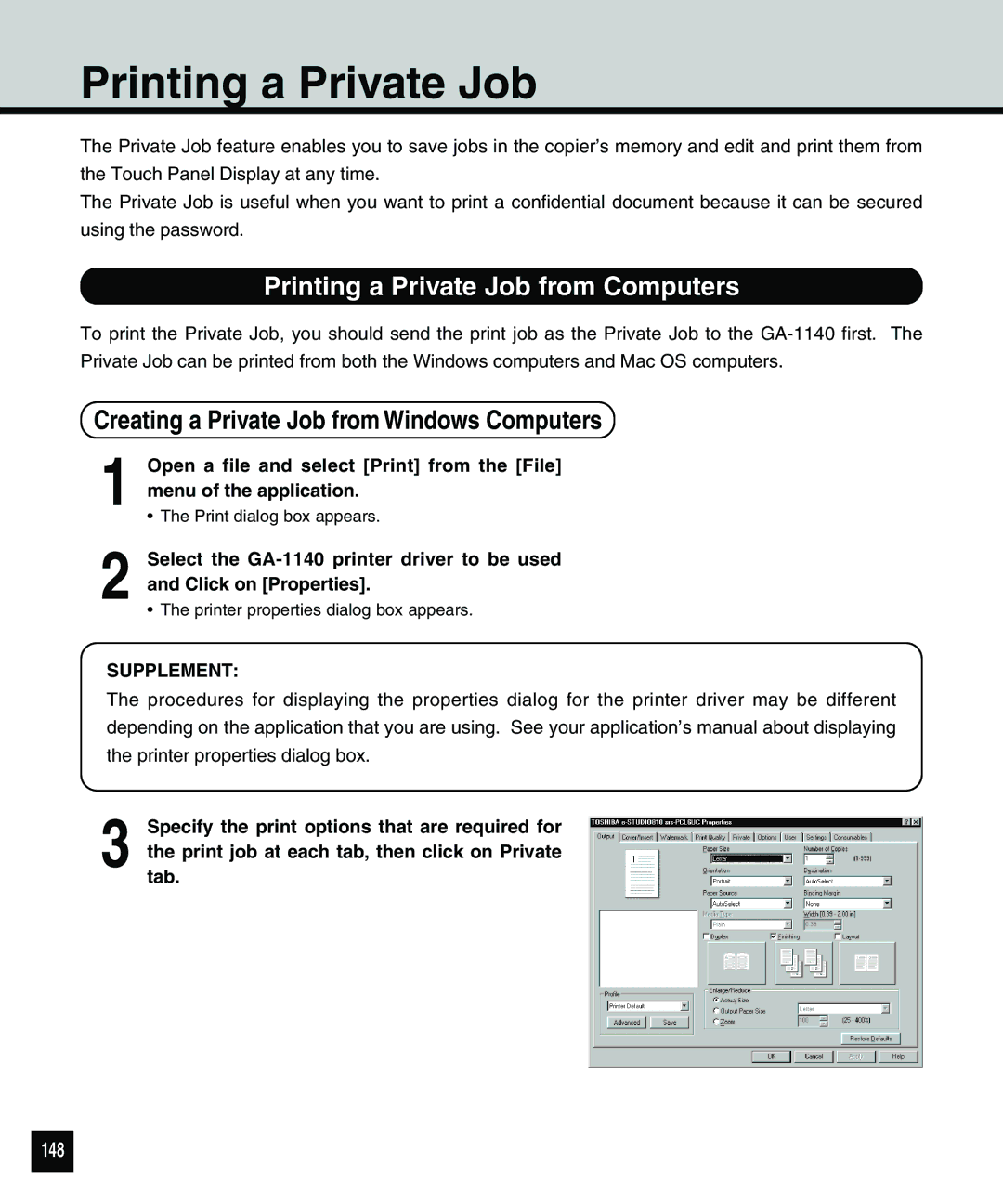 Toshiba 810 manual Printing a Private Job from Computers, Creating a Private Job from Windows Computers, 148 