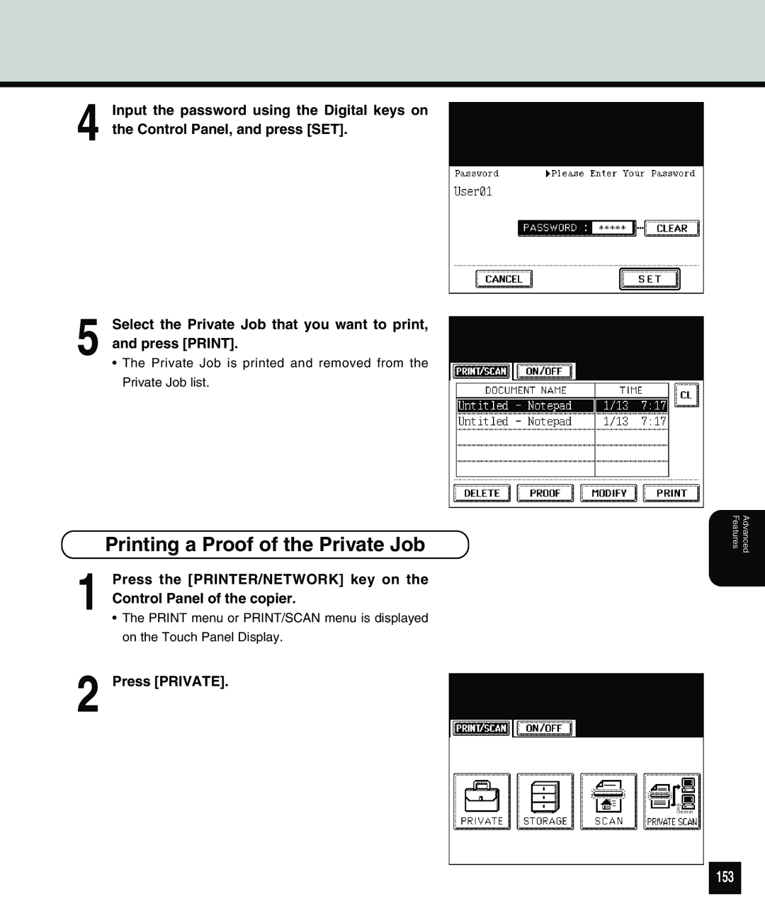 Toshiba 810 manual Printing a Proof of the Private Job, 153, Press Private 