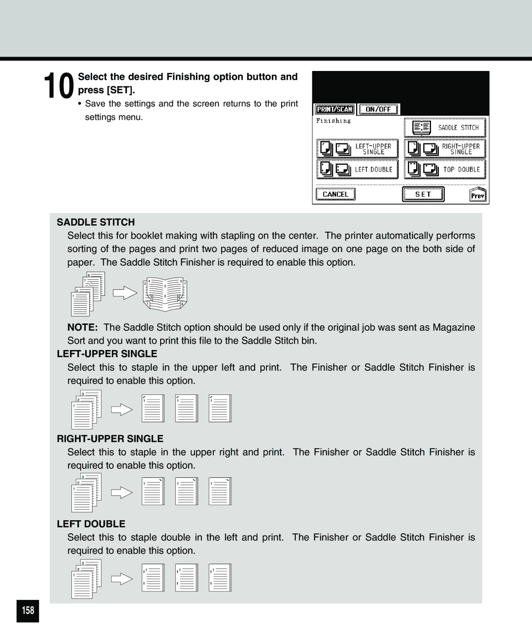 Toshiba 810 manual 158, Select the desired Finishing option button and press SET 