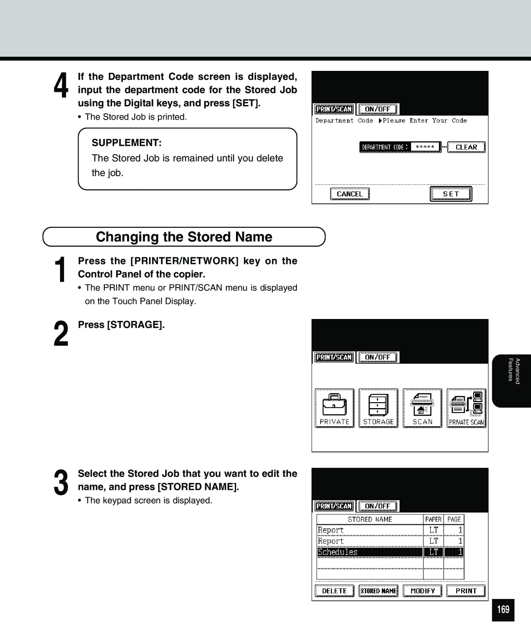 Toshiba 810 manual Changing the Stored Name, 169, Press Storage 