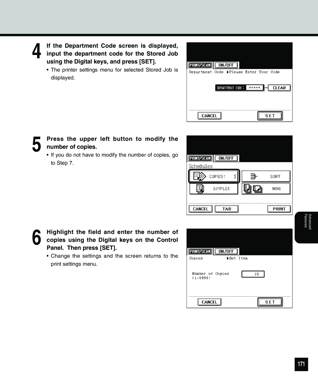 Toshiba 810 manual 171, Press the upper left button to modify the number of copies 