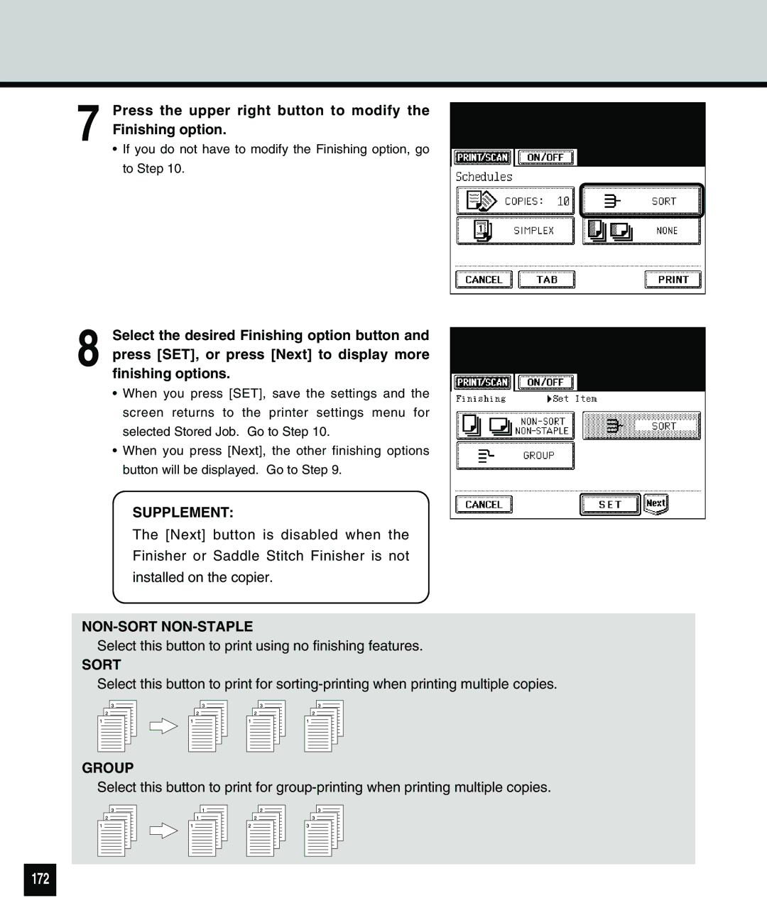 Toshiba 810 manual 172, Press the upper right button to modify the Finishing option 