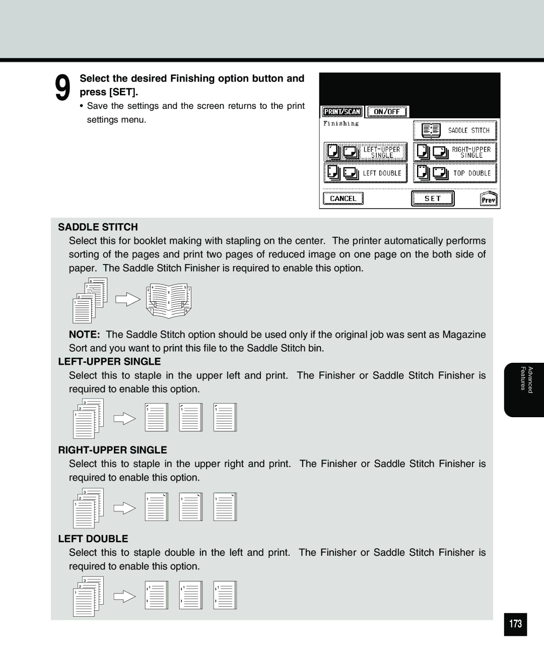 Toshiba 810 manual 173, Select the desired Finishing option button and press SET 