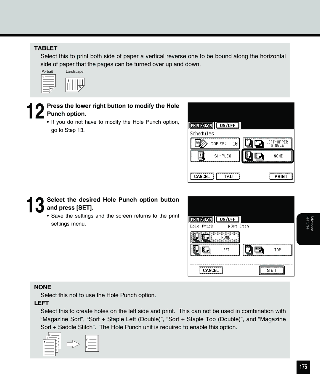 Toshiba 810 manual 175, Press the lower right button to modify the Hole Punch option 