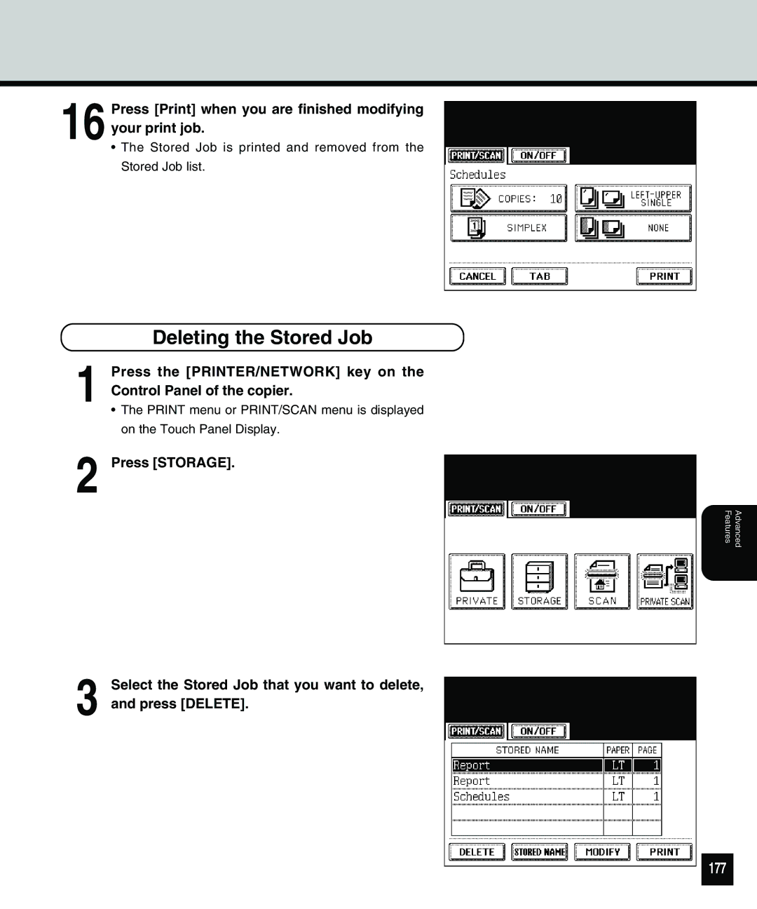 Toshiba 810 manual Deleting the Stored Job, 177 