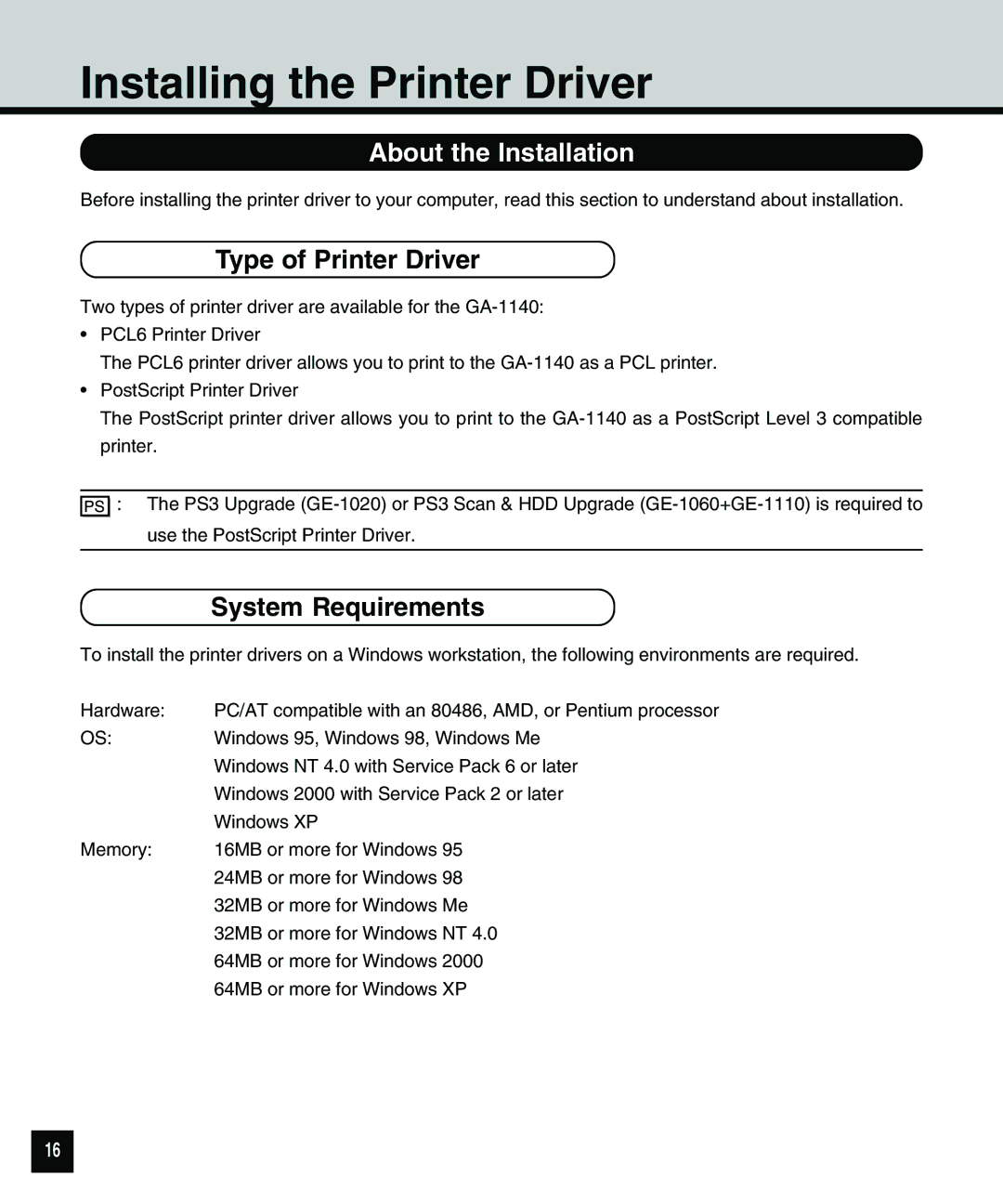 Toshiba 810 manual Installing the Printer Driver, About the Installation, Type of Printer Driver, System Requirements 