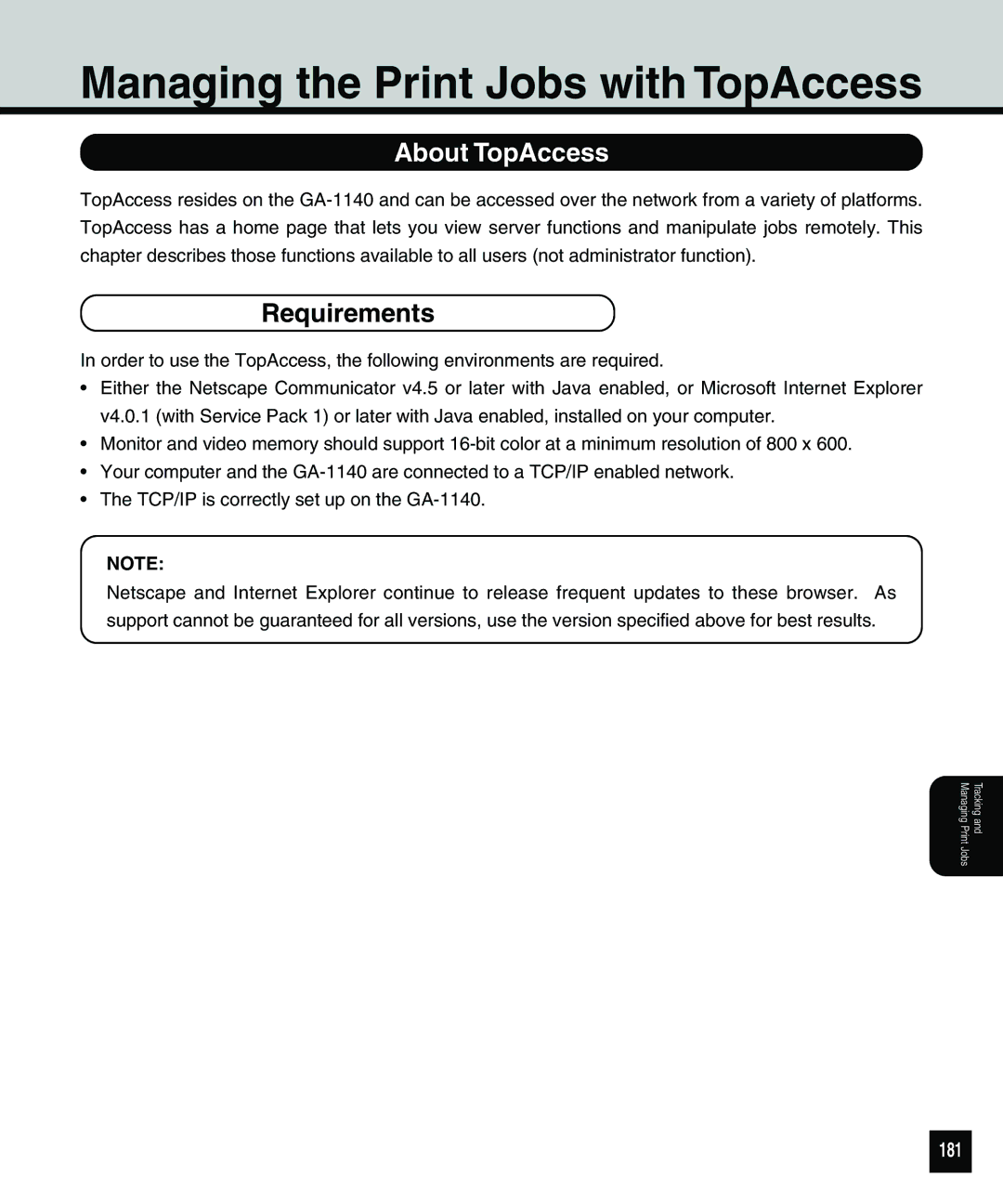 Toshiba 810 manual Managing the Print Jobs with TopAccess, About TopAccess, Requirements, 181 