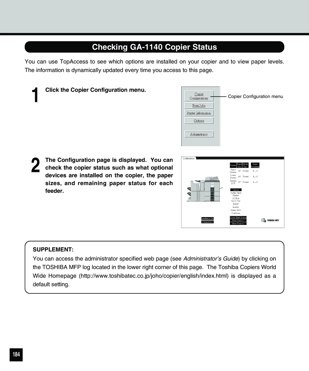 Toshiba 810 manual Checking GA-1140 Copier Status, 184, Click the Copier Configuration menu 