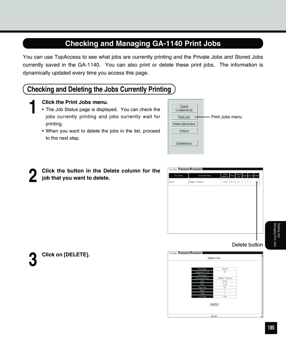 Toshiba 810 manual Checking and Managing GA-1140 Print Jobs, Checking and Deleting the Jobs Currently Printing, 185 