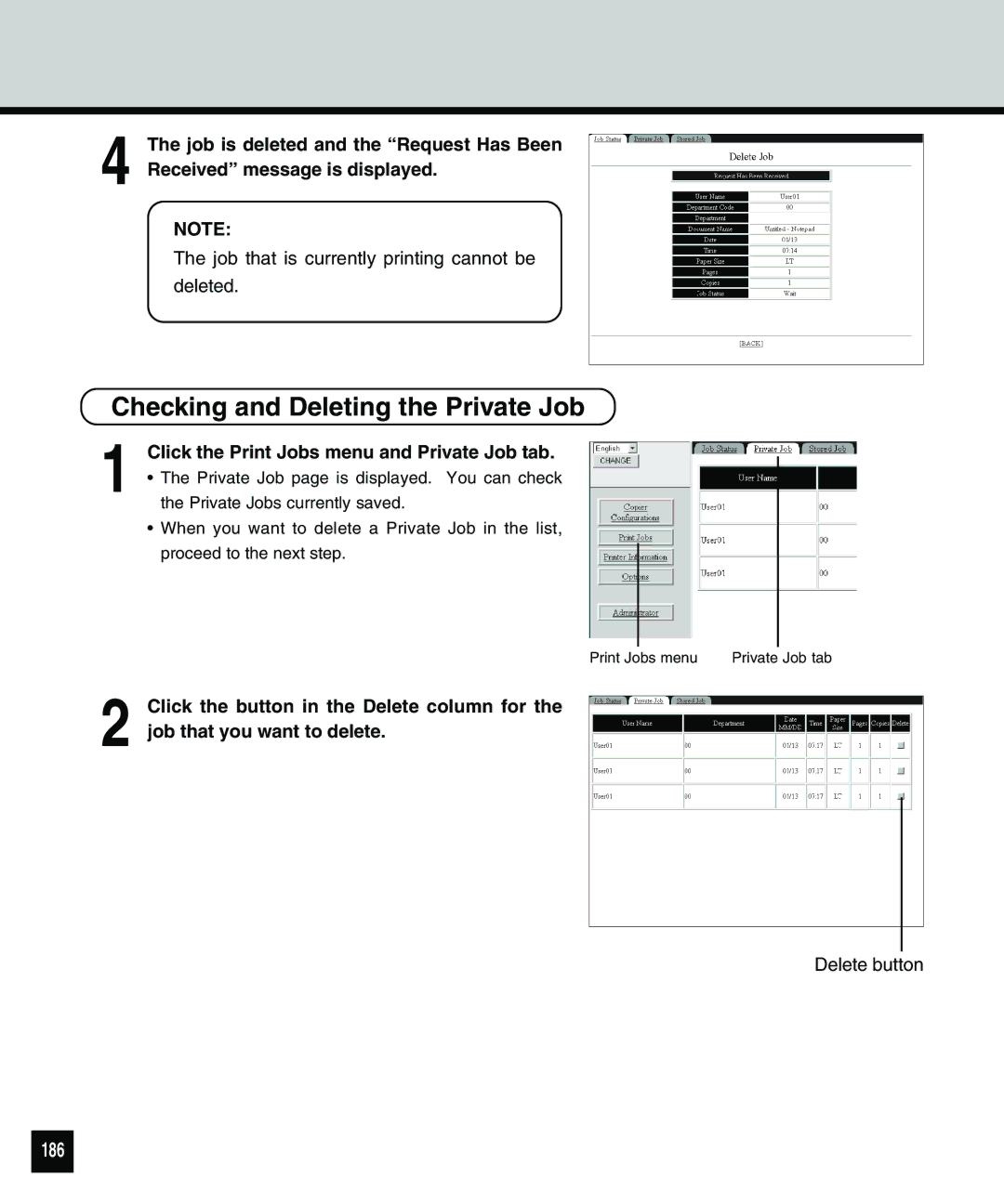 Toshiba 810 manual Checking and Deleting the Private Job, 186, Click the Print Jobs menu and Private Job tab 