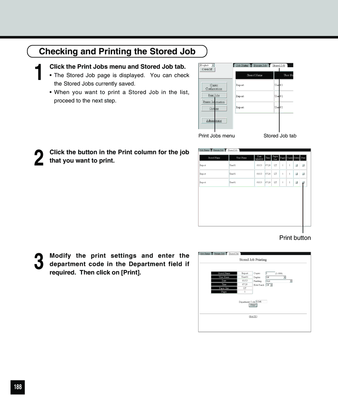 Toshiba 810 manual Checking and Printing the Stored Job, 188, Click the Print Jobs menu and Stored Job tab 