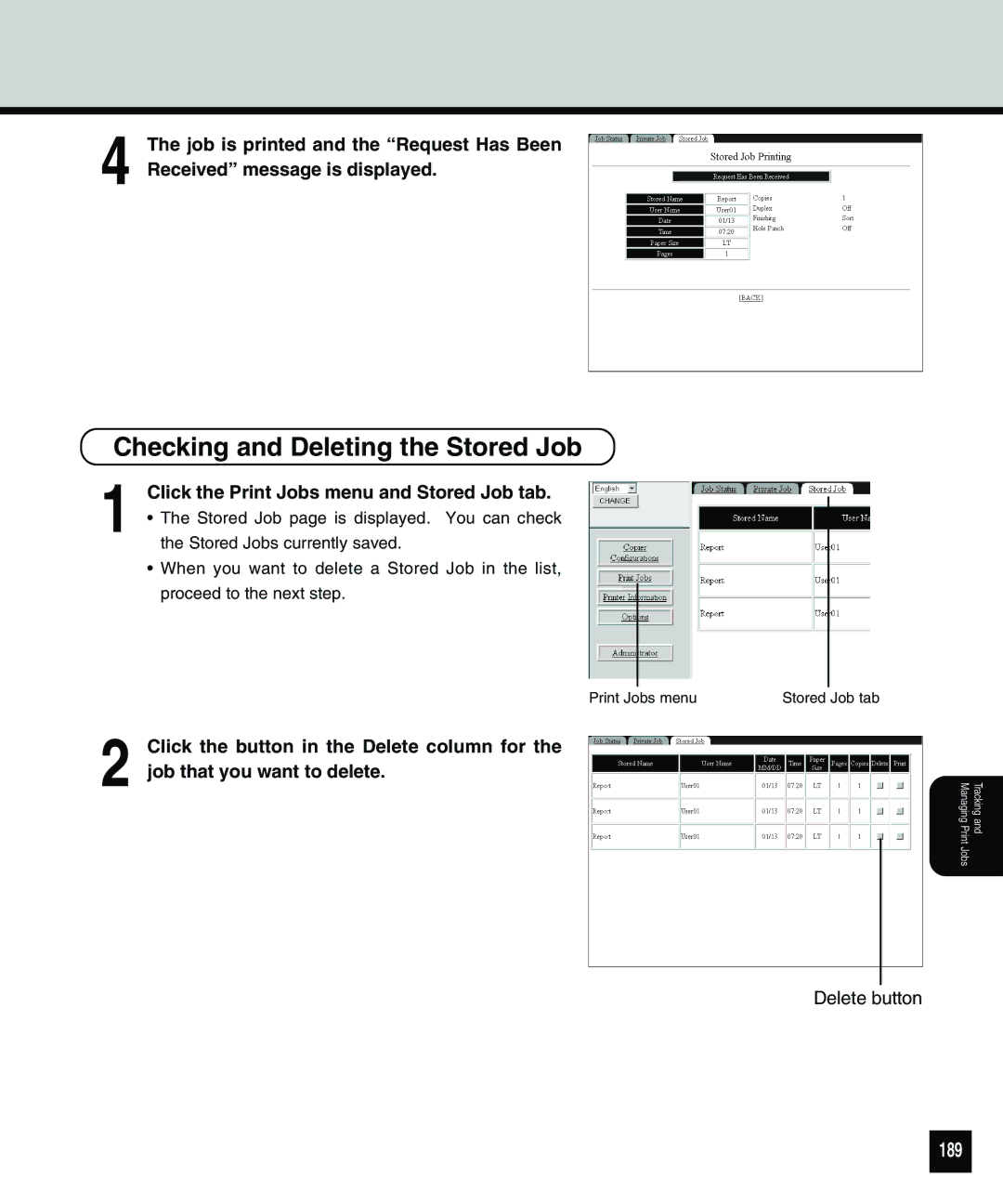 Toshiba 810 manual Checking and Deleting the Stored Job, 189 