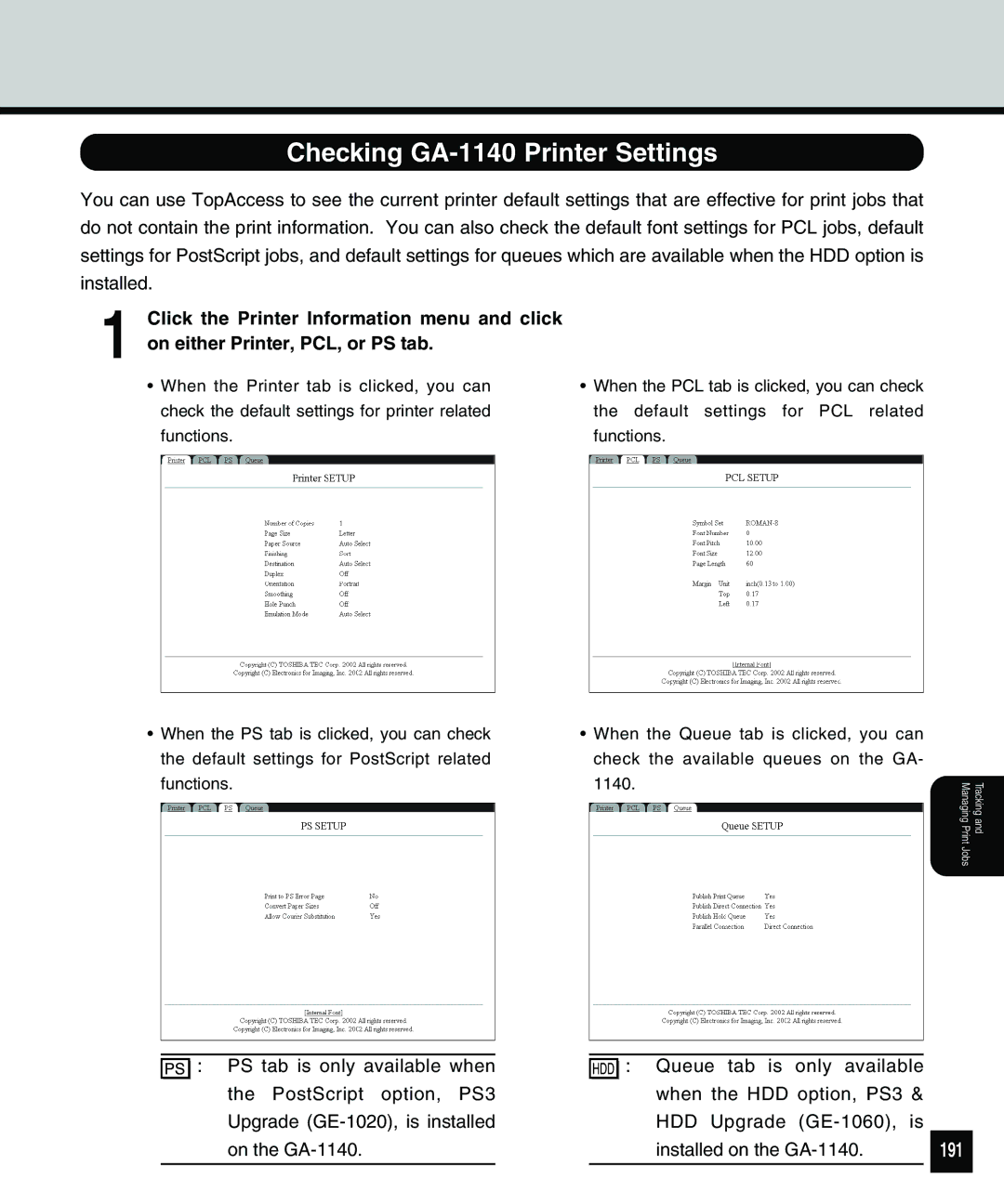 Toshiba 810 manual Checking GA-1140 Printer Settings, 191 