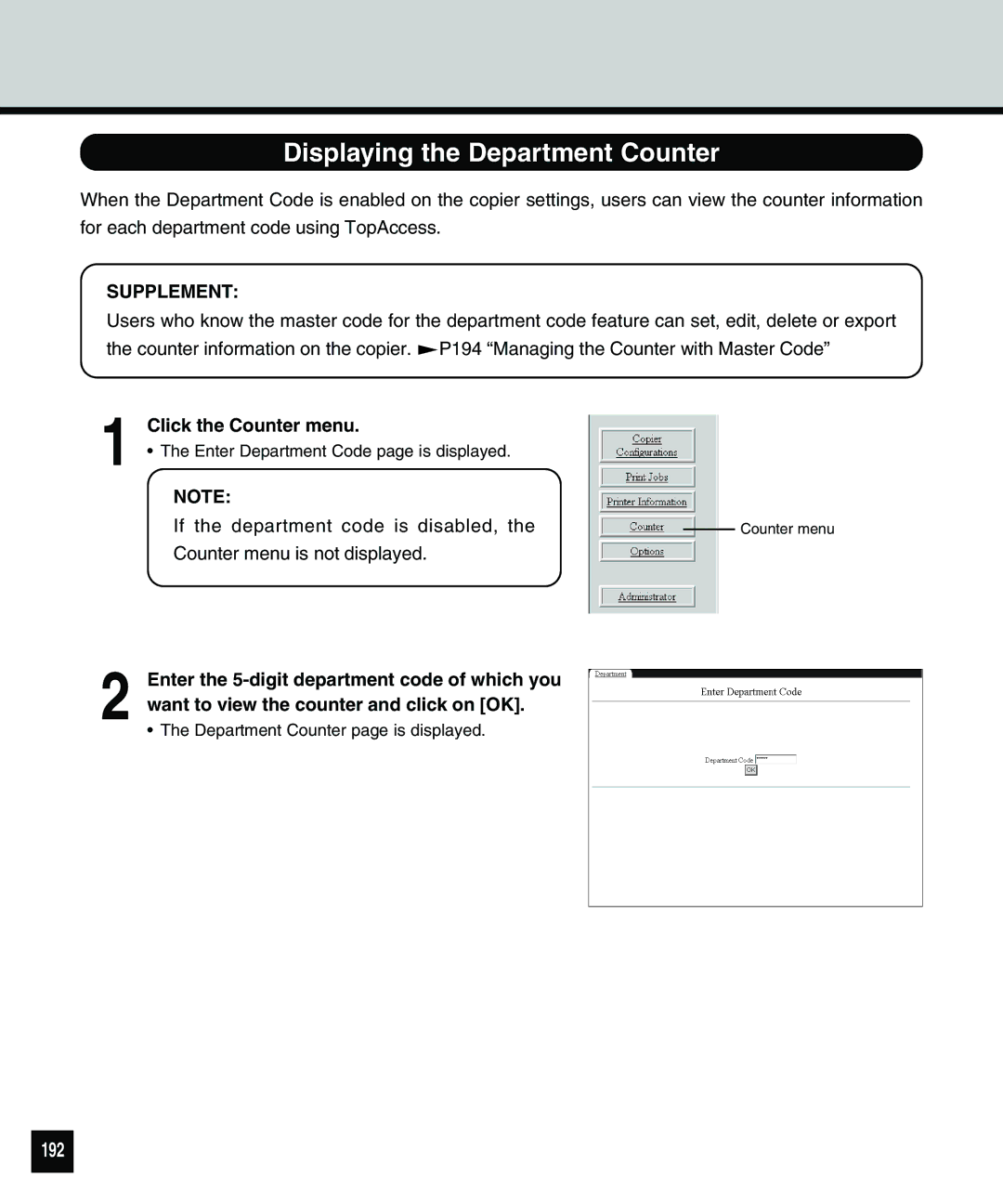 Toshiba 810 manual Displaying the Department Counter, 192, Click the Counter menu 