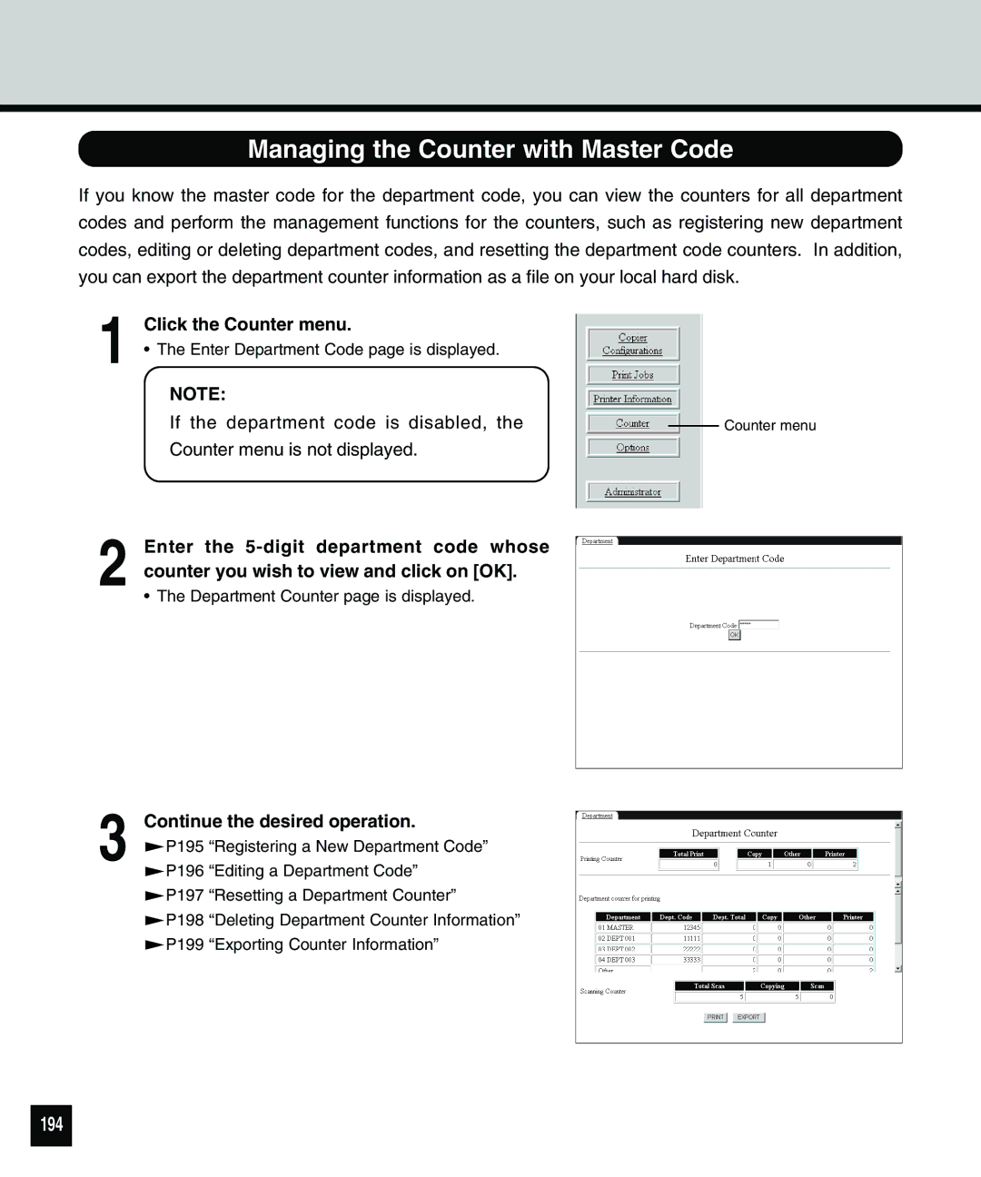 Toshiba 810 Managing the Counter with Master Code, 194, If the department code is disabled, Continue the desired operation 