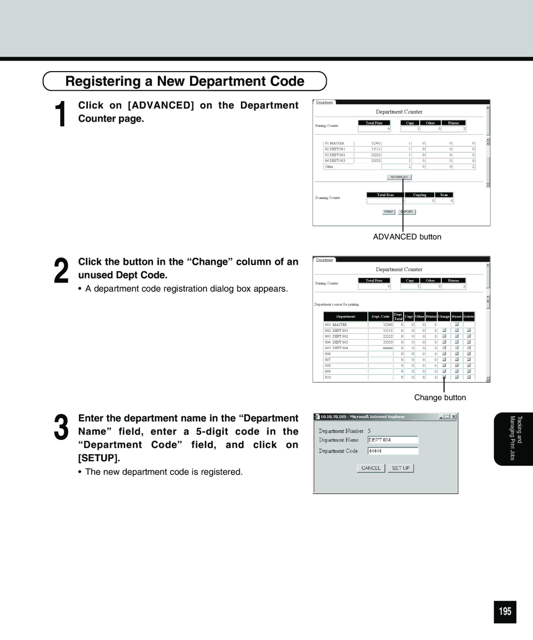 Toshiba 810 manual Registering a New Department Code, 195 