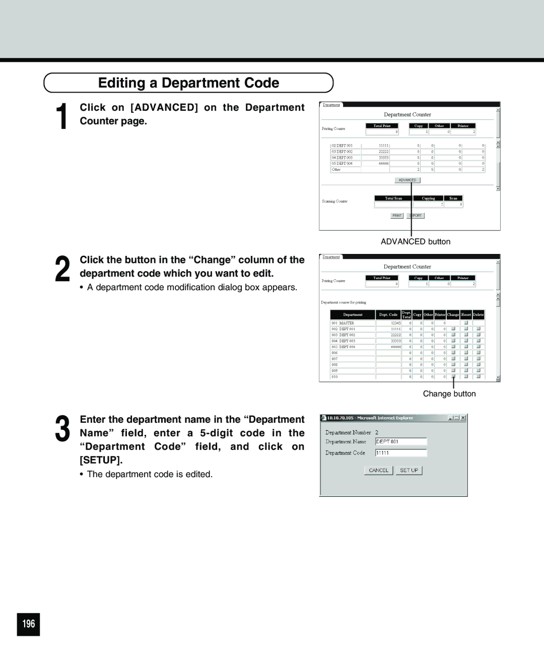 Toshiba 810 manual Editing a Department Code, 196 