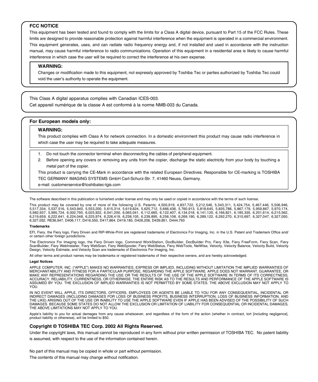 Toshiba 810 manual For European models only, Copyright Toshiba TEC Corp All Rights Reserved 