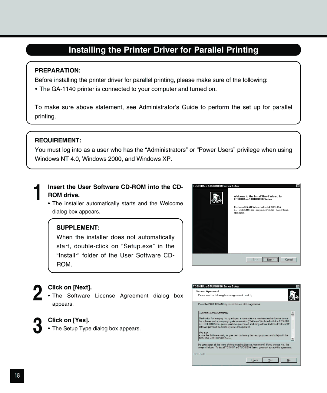 Toshiba 810 Installing the Printer Driver for Parallel Printing, Insert the User Software CD-ROM into the CD- ROM drive 