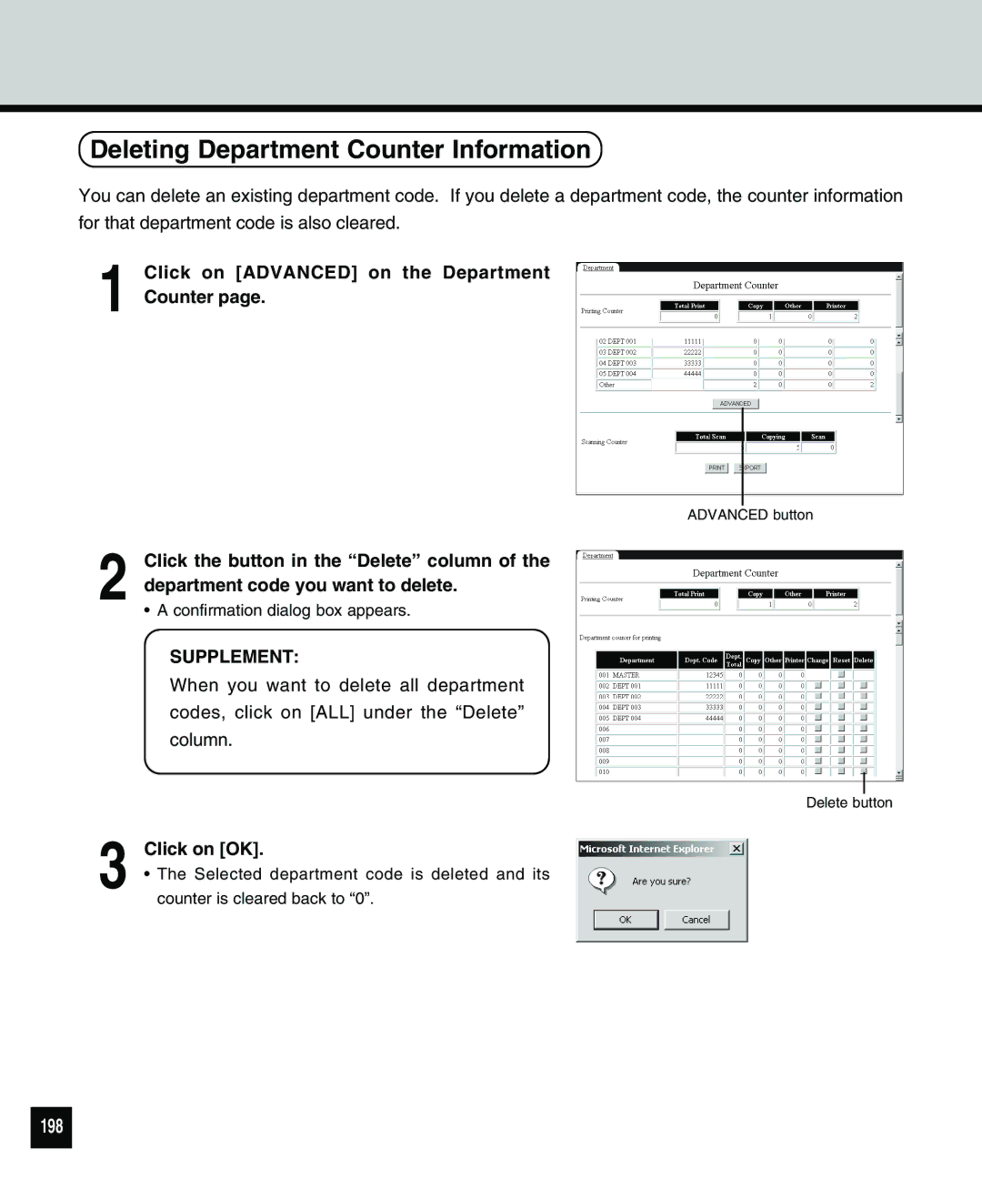 Toshiba 810 manual Deleting Department Counter Information, 198, Click on Advanced on the Department Counter 