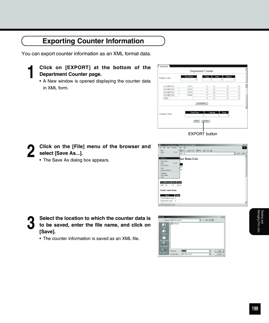 Toshiba 810 manual Exporting Counter Information, 199, Click on Export at the bottom of the Department Counter 