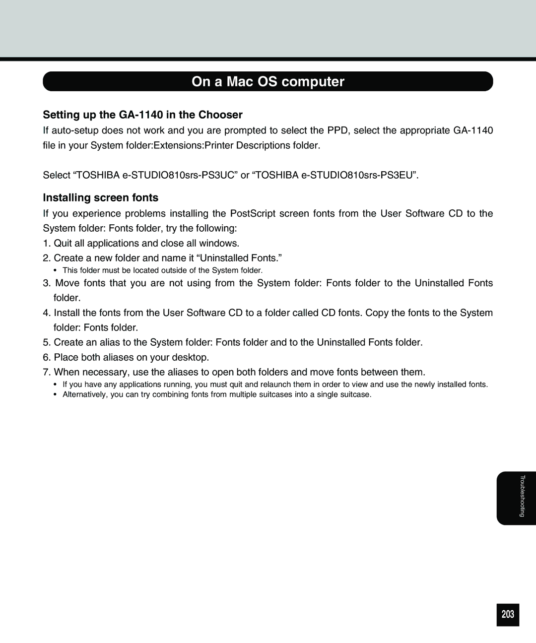 Toshiba 810 manual On a Mac OS computer, Setting up the GA-1140 in the Chooser, Installing screen fonts, 203 