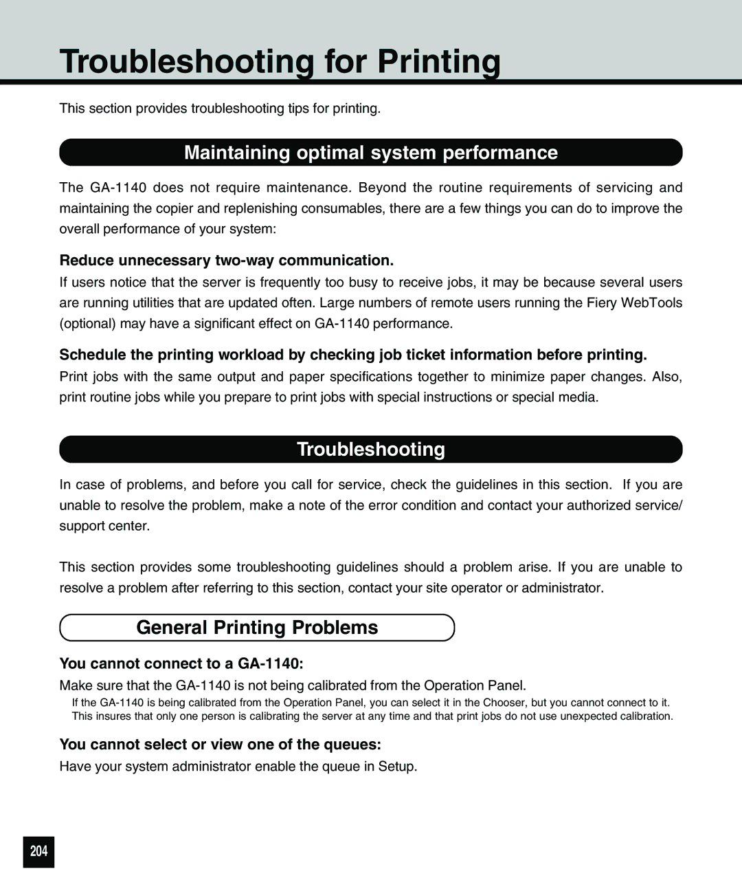 Toshiba 810 manual Troubleshooting for Printing, Maintaining optimal system performance, General Printing Problems, 204 